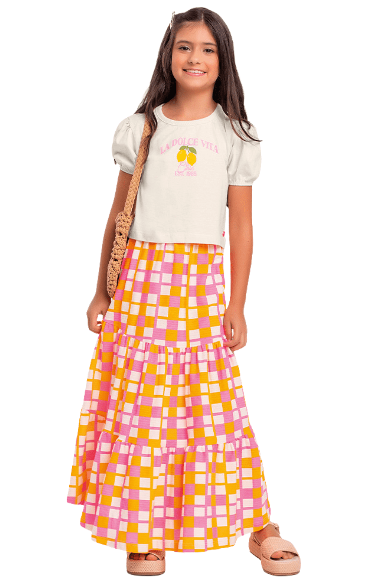 CONJUNTO BLUSA E SAIA LONGA ROSA/LARANJA - FAKINI	