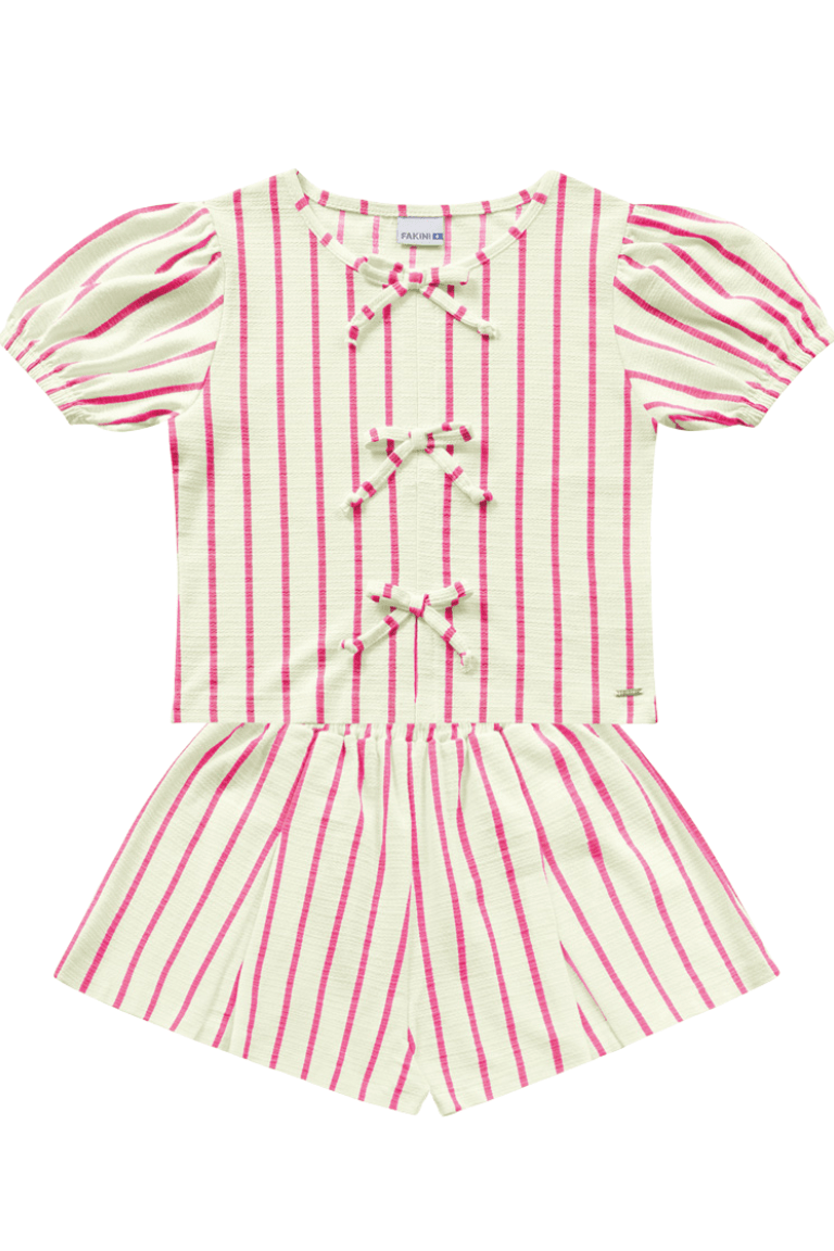 CONJUNTO BLUSA TRÊS LACINHOS LISTRAS ROSA - FAKINI	
