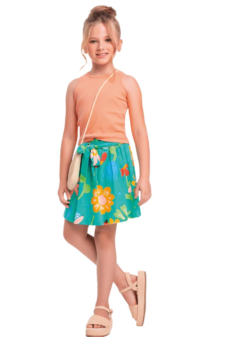 CONJUNTO REGATA LARANJA SAIA VERDE FLORAL - FAKINI	