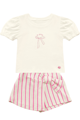 CONJUNTO BLUSA OFF LE PETIT SHORT SAIA LISTRAS ROSA - FAKINI	