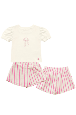 CONJUNTO BLUSA OFF LE PETIT SHORT SAIA LISTRAS ROSA - FAKINI	