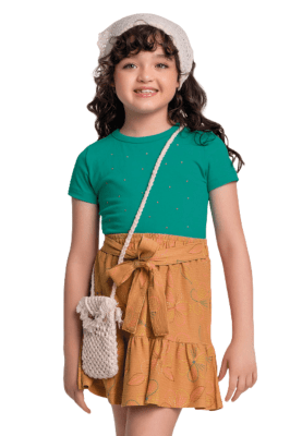 CONJUNTO INFANTIL BLUSA VERDE + SAIA MARROM - FAKINI