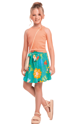 CONJUNTO REGATA LARANJA SAIA VERDE FLORAL - FAKINI	