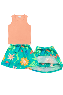 CONJUNTO REGATA LARANJA SAIA VERDE FLORAL - FAKINI	