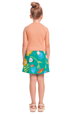 CONJUNTO REGATA LARANJA SAIA VERDE FLORAL - FAKINI	